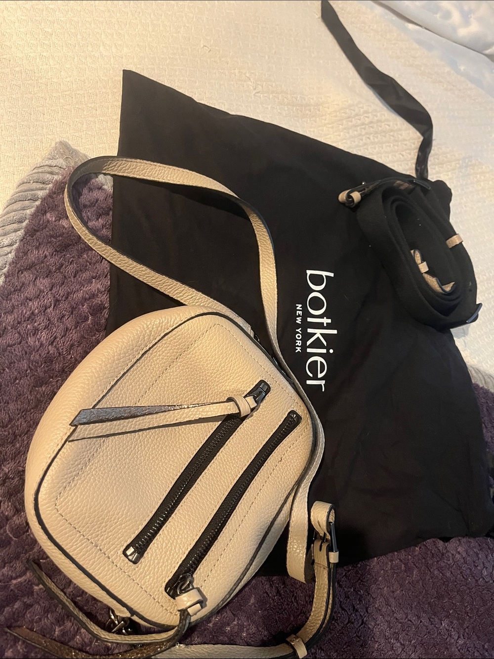 Botkier Cream Pebbled Leather Mini Crossbody with Dual Zip Fronts